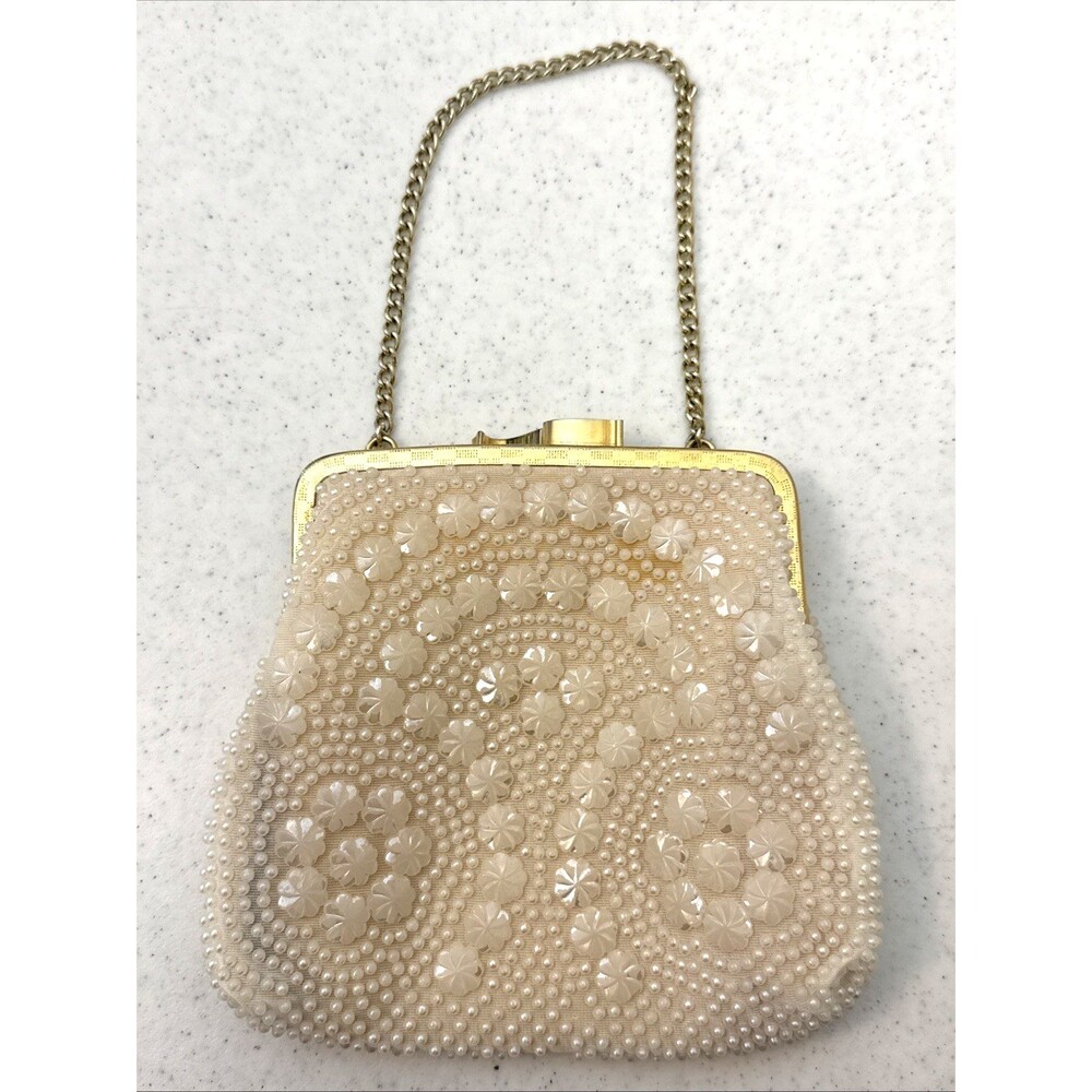 VTG Mid Century Beaded Purse Handbag Clutch With Gold Tone Kiss Lock and Chain